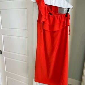 Banana Republic Bright Orange One-Shoulder Ruffle Dress with bow